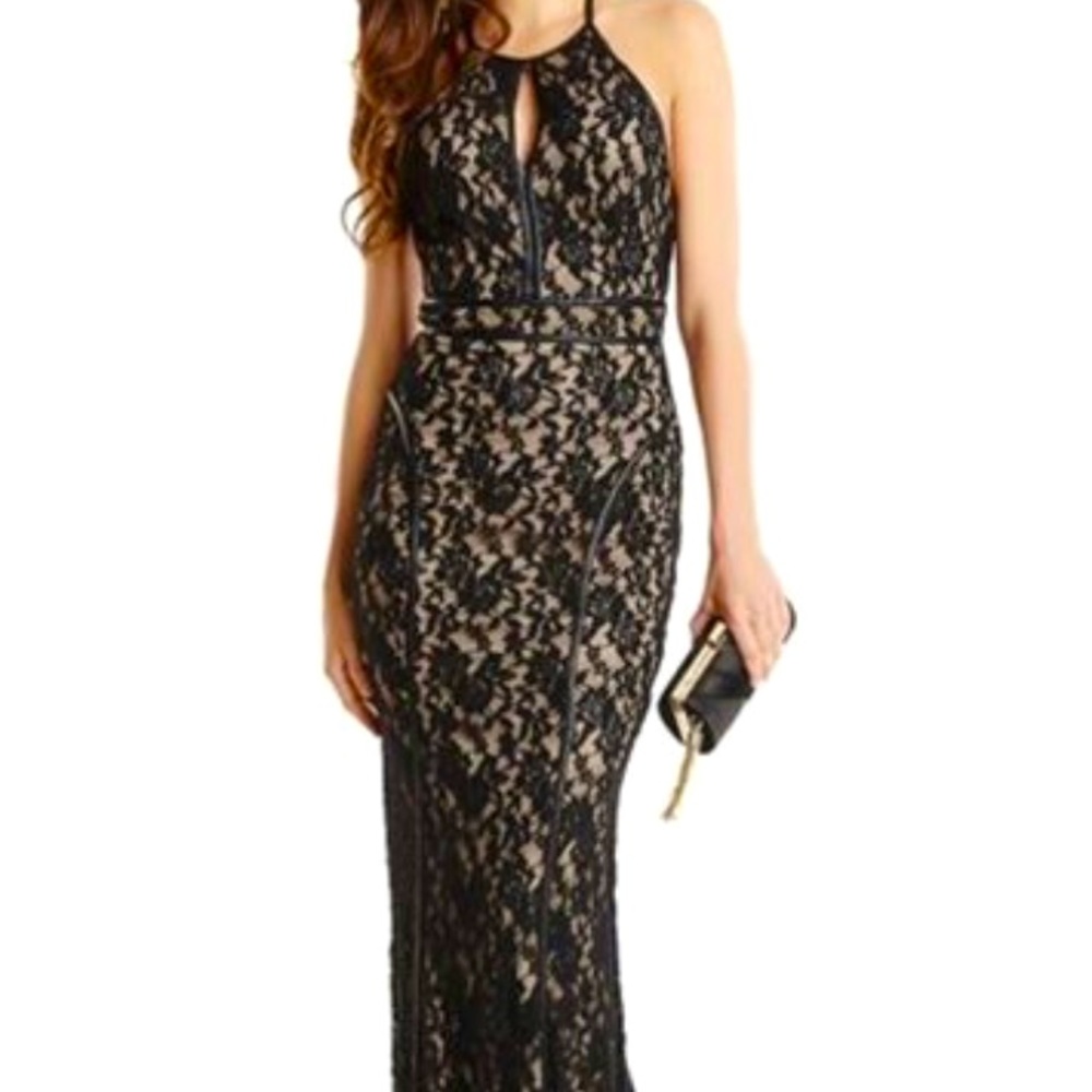 Guess By Marciano Mermaid silhouette nude dress with black lace overlay. - Picture 2 of 3